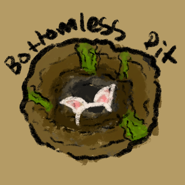 The Bottomles-Pit Logo. A small hole in the ground with cat ears and text saying bottomless-pit